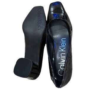 CALVIN KLEIN Square Toe Block Heel Dress Pump Women 8.5M Black Shiny Black Heel